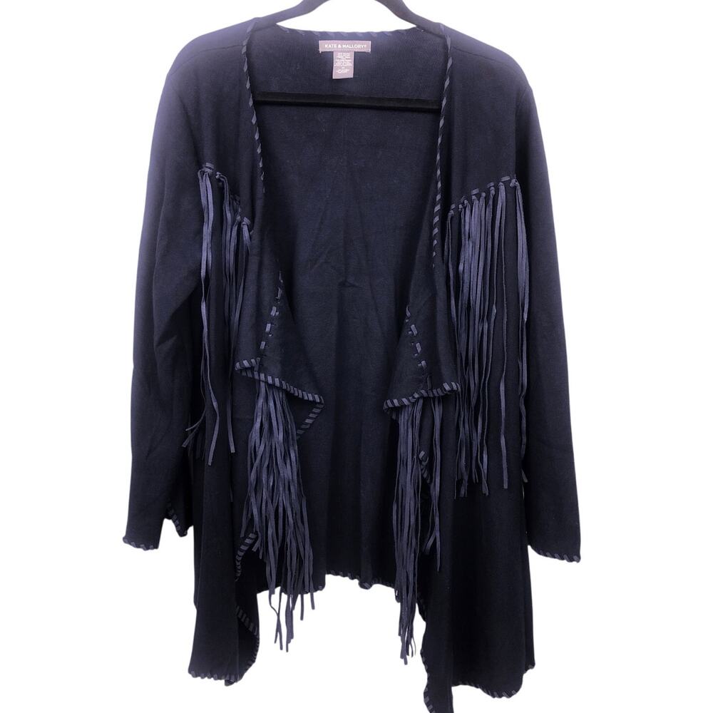 Kate & Mallory Fringed Western Long Sleeve Boho Navy Minimalist Cardigan M